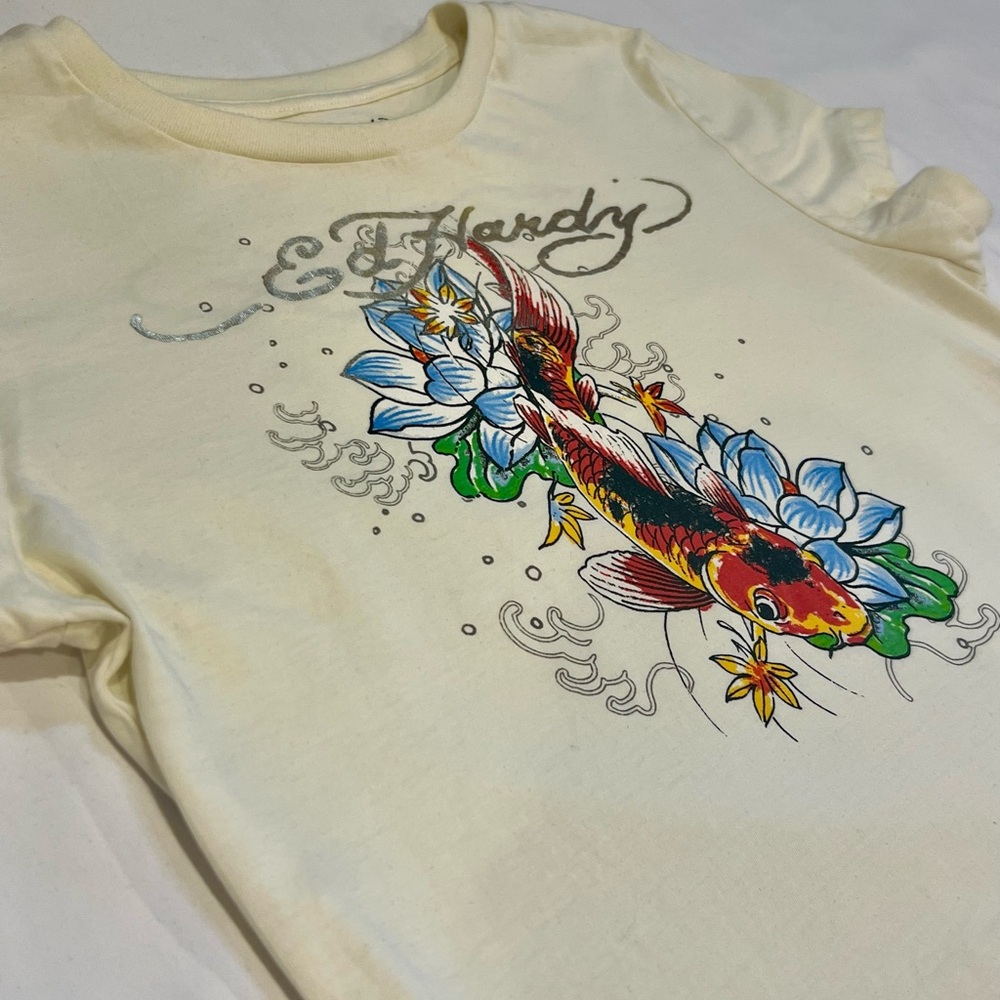 Y2K Ed Hardy Cream Koi Fish Crop Baby Tee Size Large